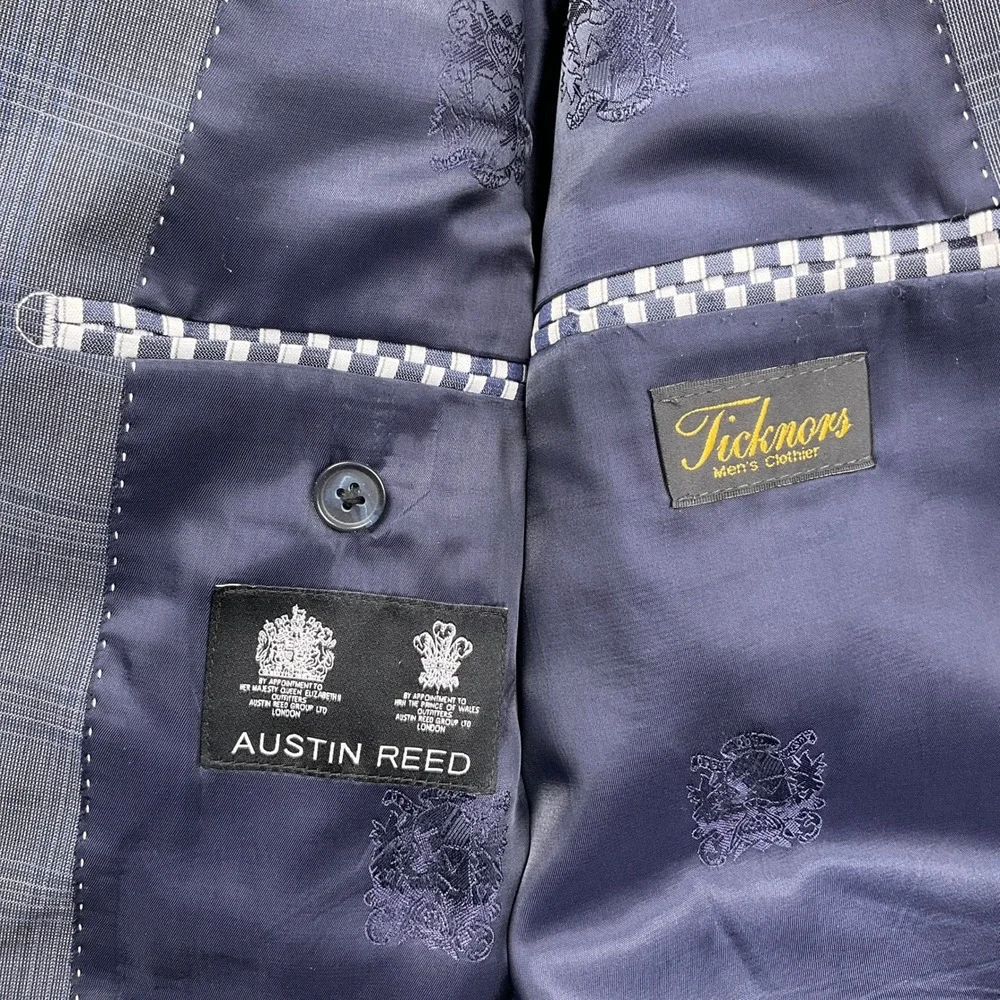 Austin Reed Ticknors Suit Mens 46L 39W 35L Gray Blue Plaid Classic 2 Button Wool